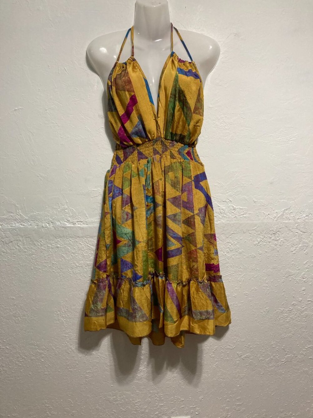 MT Collection Silk Blend Halter Dress Tassels Vibrant Festival Beach One Size